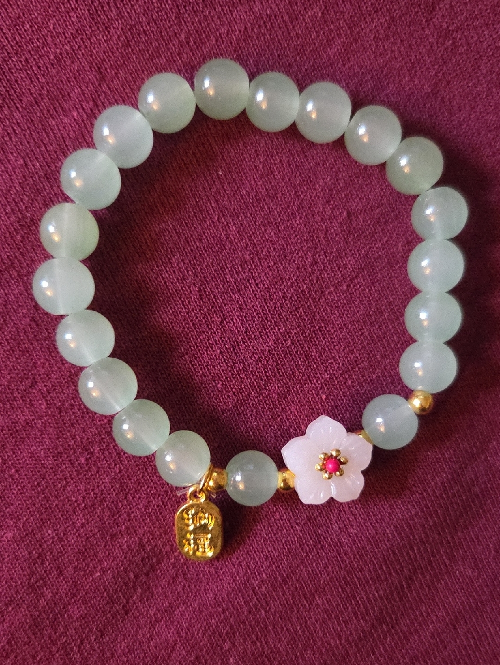 Gold-Accented Pale Green Beaded Flower Bracelet Jade Color 7inch